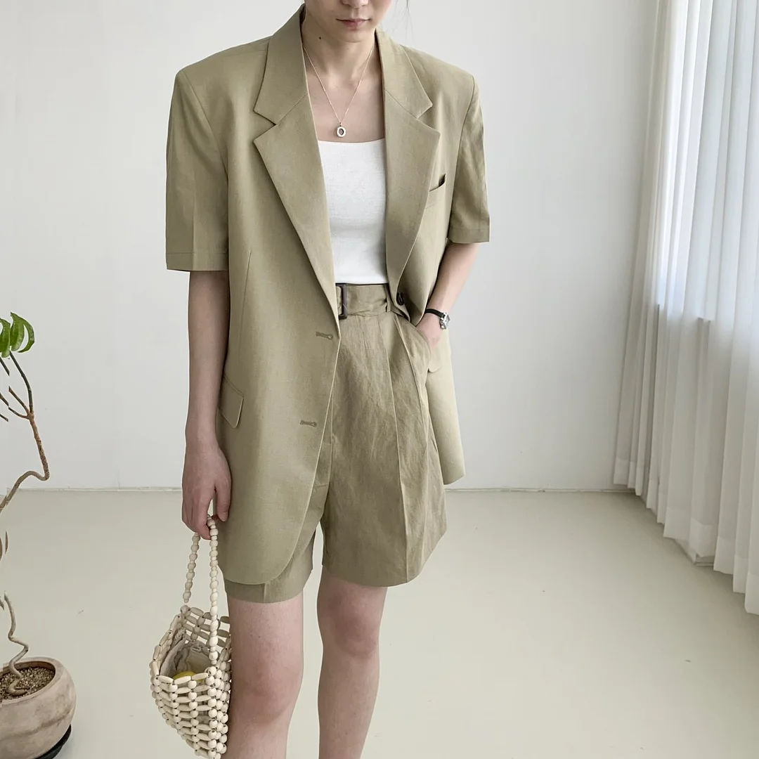 Bornladies  Summer Elegant Ladies 2 Pieces Blazer Set Full Sleeve Suit Jackets & Wide Leg Shorts Casual Women Shorts Suits