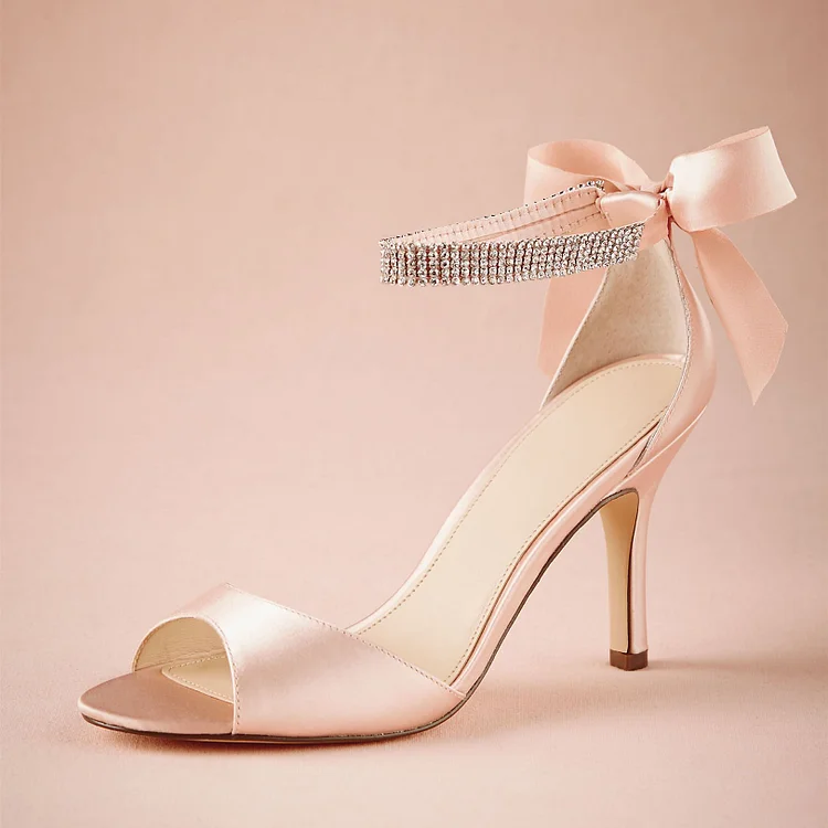 Women's Pink Bridal Sandals Bow Stiletto Heels Ankle Strap Sandals |FSJ Shoes