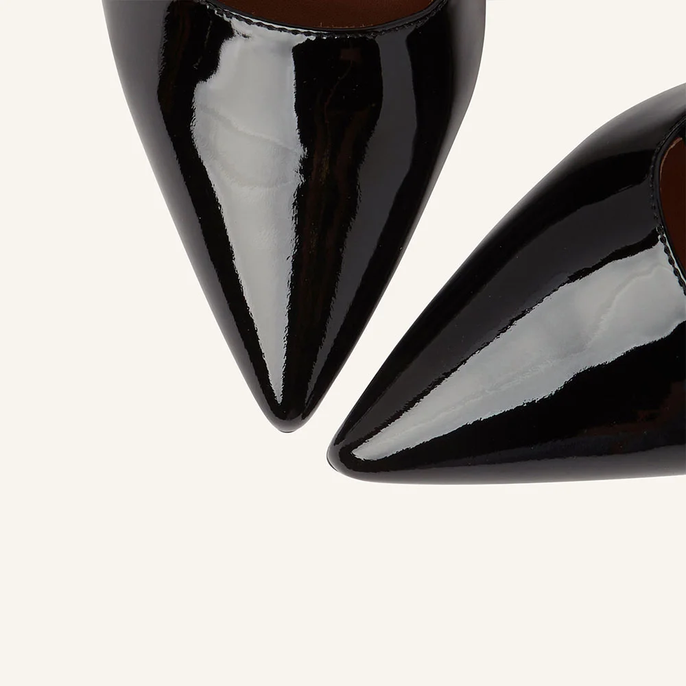 Black Patent Leather Buckle Straps Kitten Heel Slingback Pumps