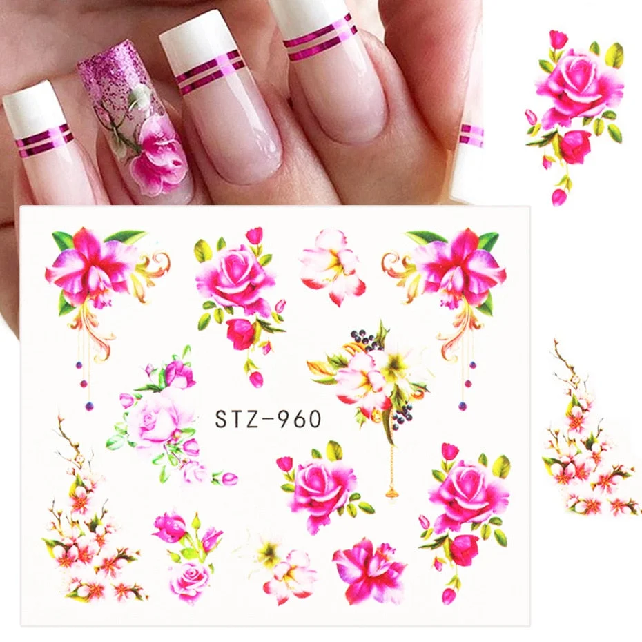 Nail Stickers Water Transfer Spring Summer Multiple Colors Flowers Designs 4Pcs/Set Nail Decal Decoration Tips For Beauty Salons-Nail Inspo