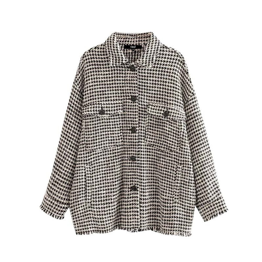 TRAF Women Vintage Stylish Frayed Tassel Oversized Tweed Plaid Jacket Coat Fashion Long Sleeve Pockets Outerwear Chic Tops