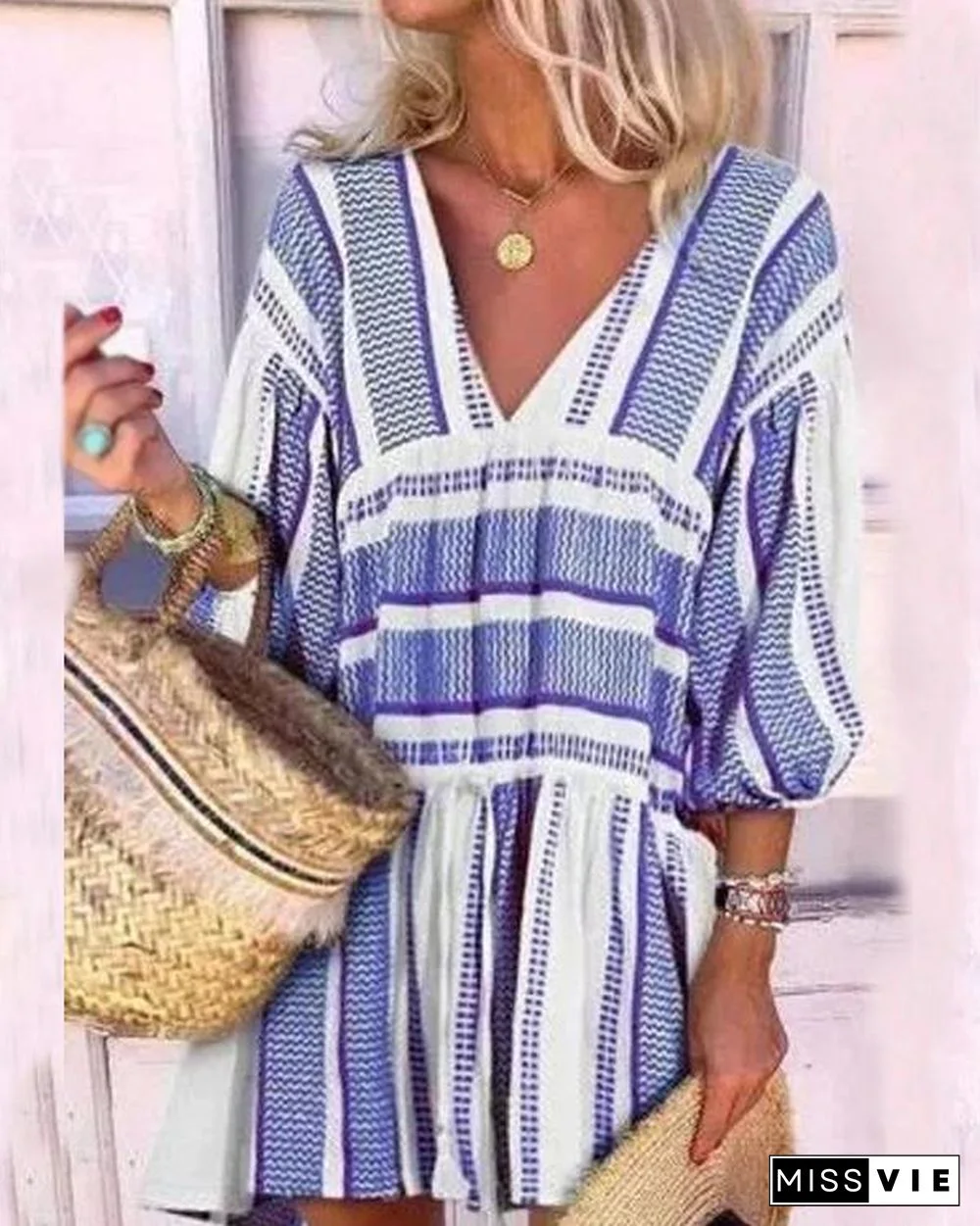 3/4 Sleeve Striped Mini Dress