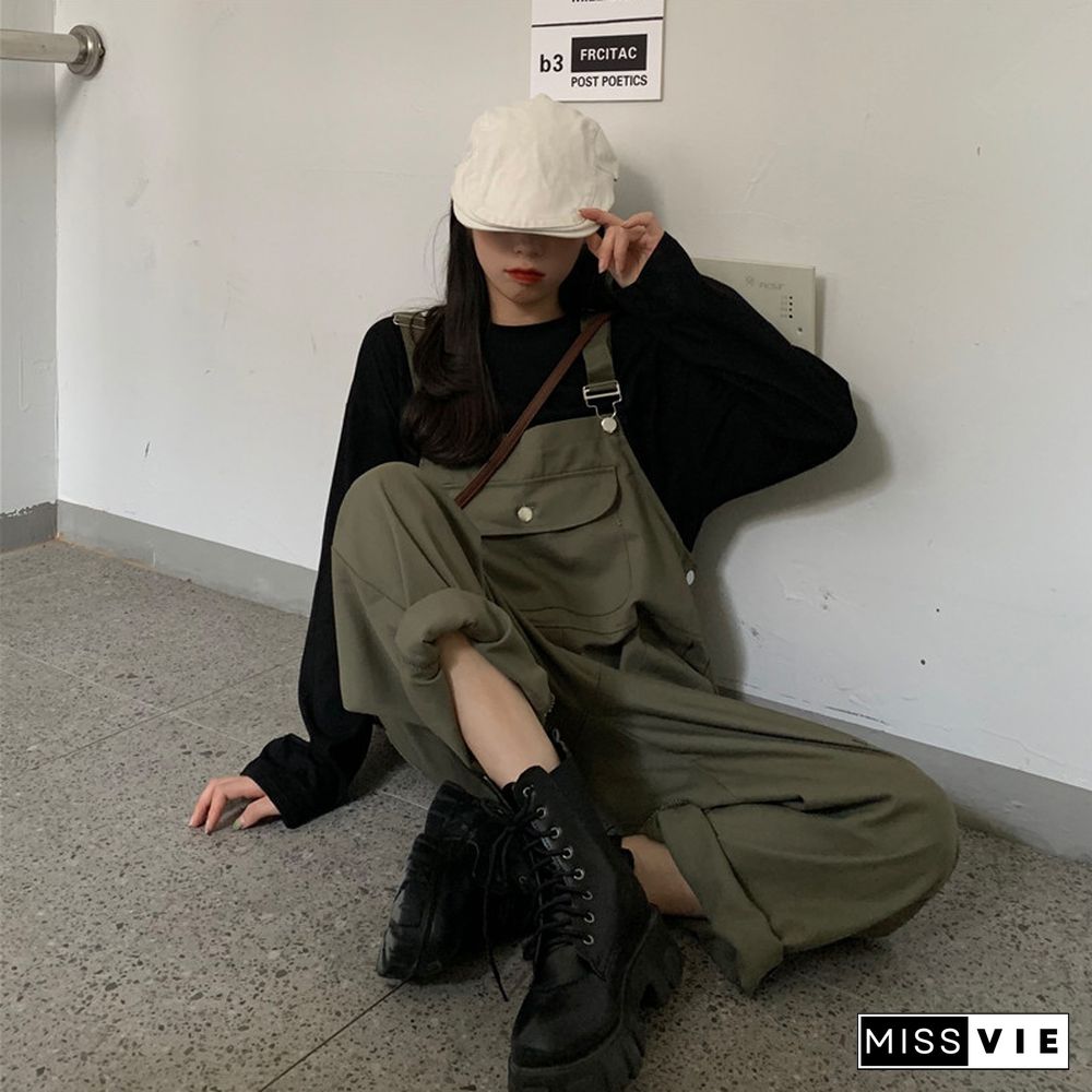 Cool Loose Pure Color Shirt Overalls Set