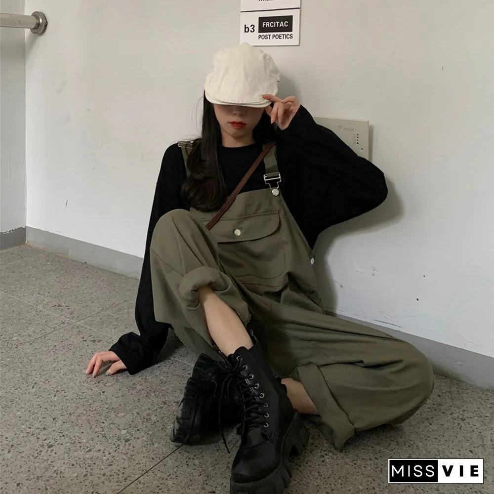 Cool Loose Pure Color Shirt Overalls Set