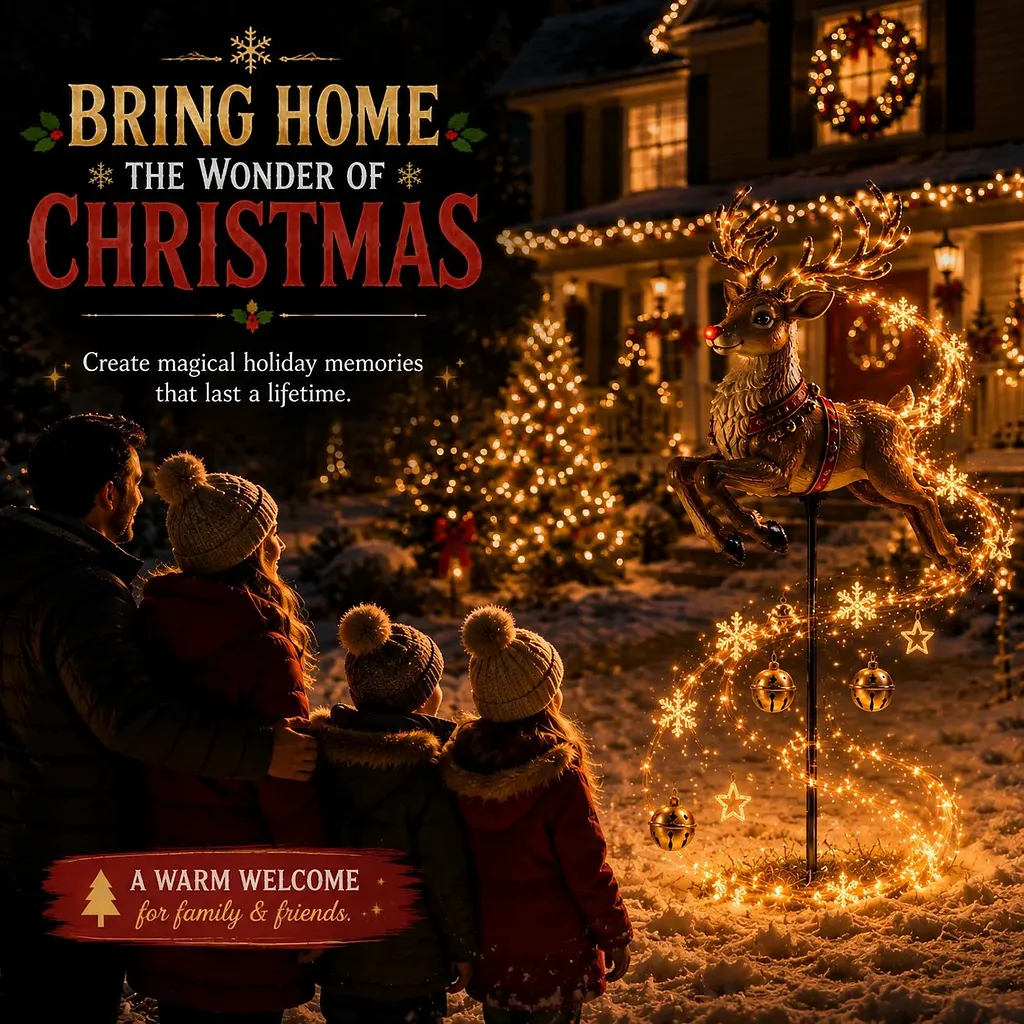Family enjoying Reindeer Magic Trail Christmas yard decoration