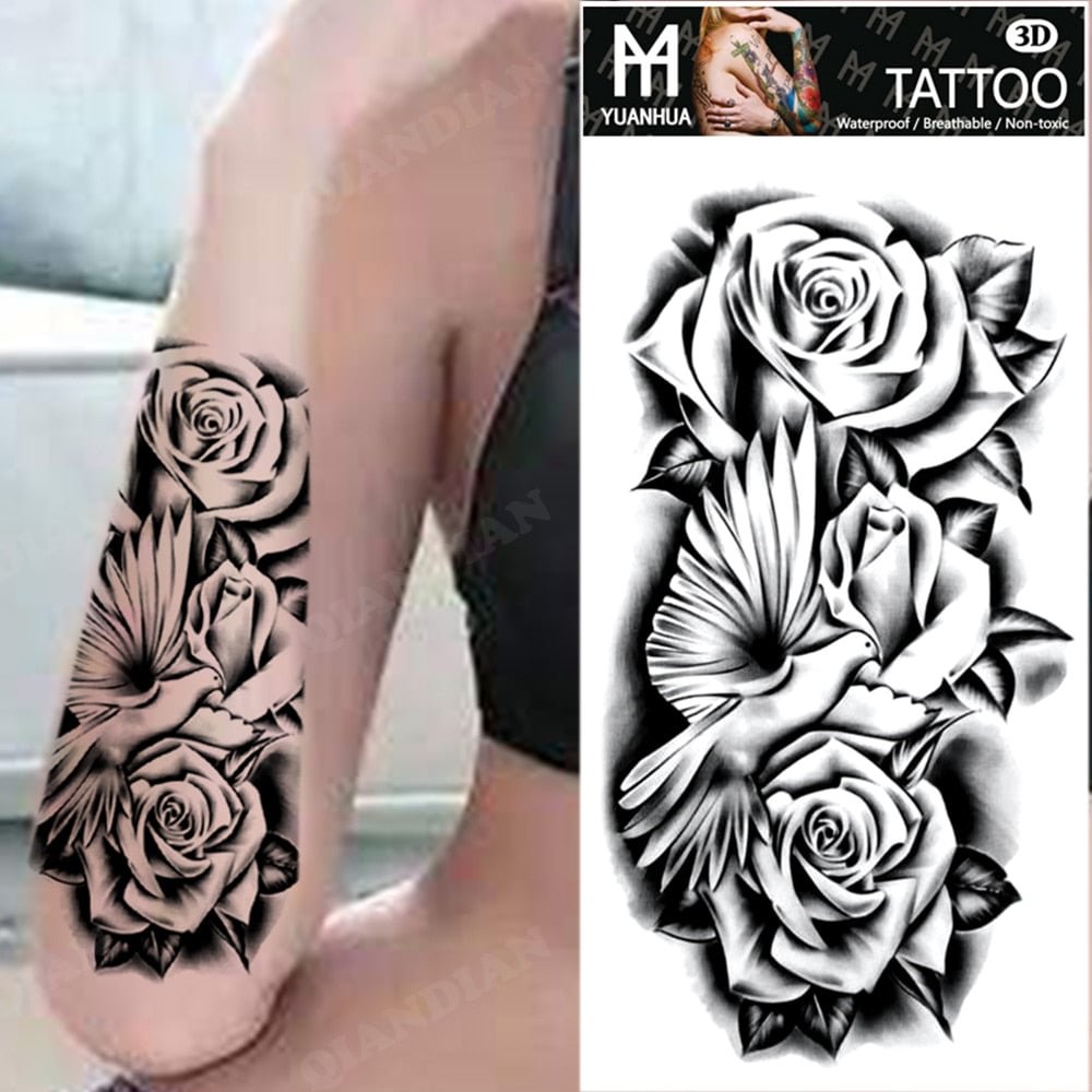 Black Flower Temporary Tattoos Sticker Arm Sleeve Rose Moon Butterfly Snake Henna Body Decorate Realistic Fake 3D Women Totem
