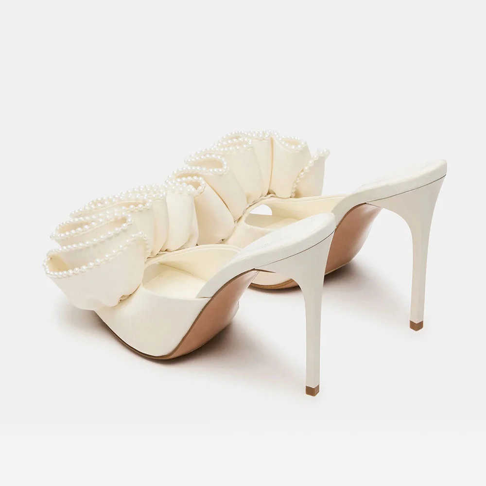 Ivory Satin Pointed Toe Stiletto Heel Ruffle Pearl Mules Shoes