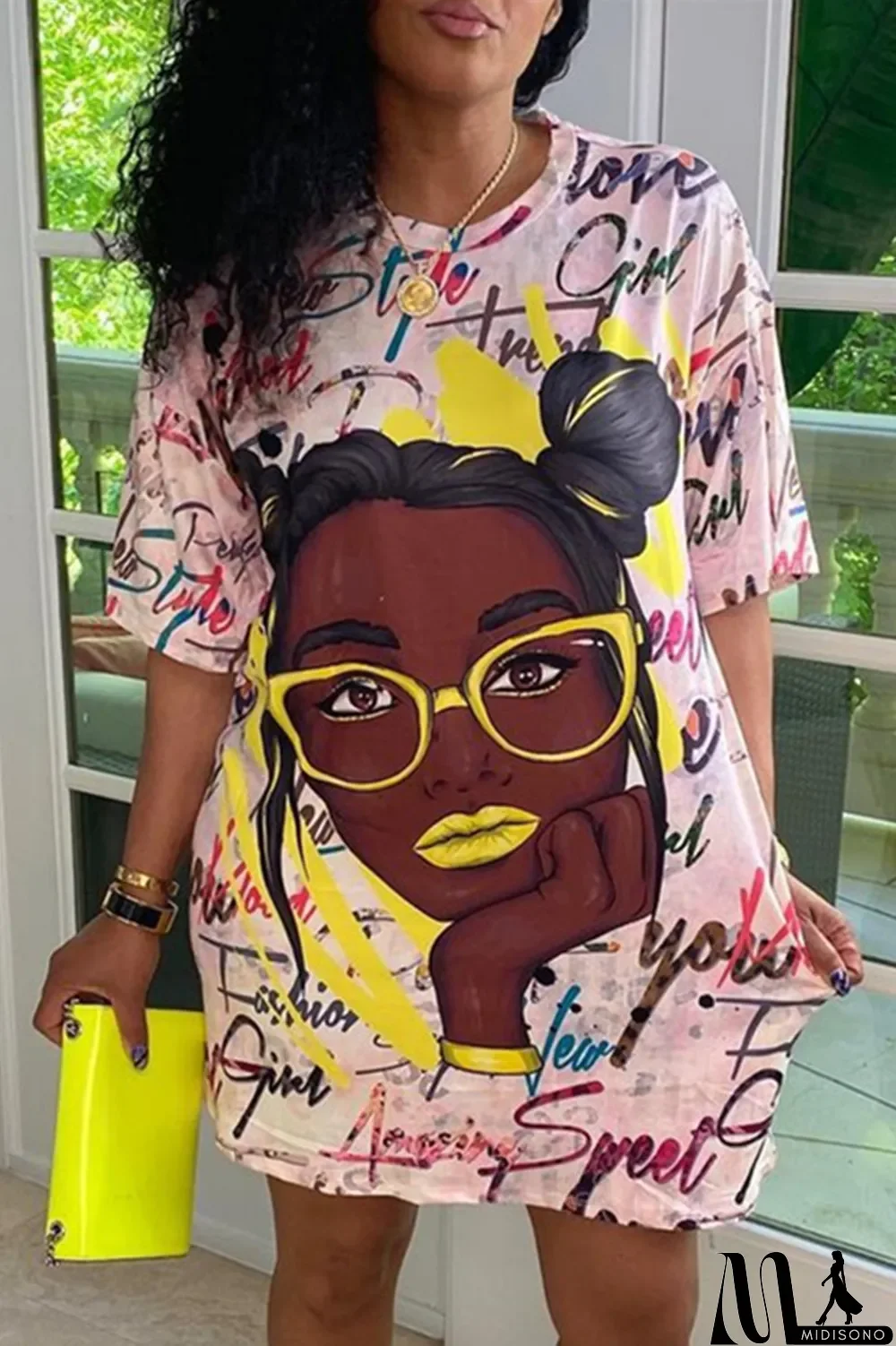 MidiSono - Purple Fashion Casual Print Basic O Neck Short Sleeve T-shirt Dress