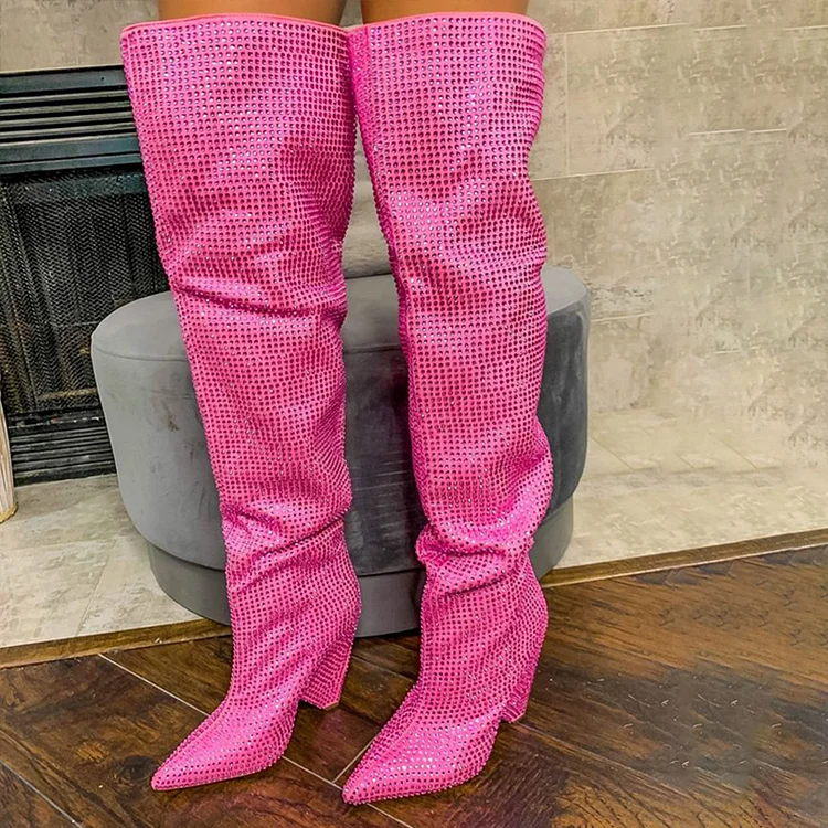 Pink Thigh High Block Heel Boots with Rhinestone Detail Vdcoo