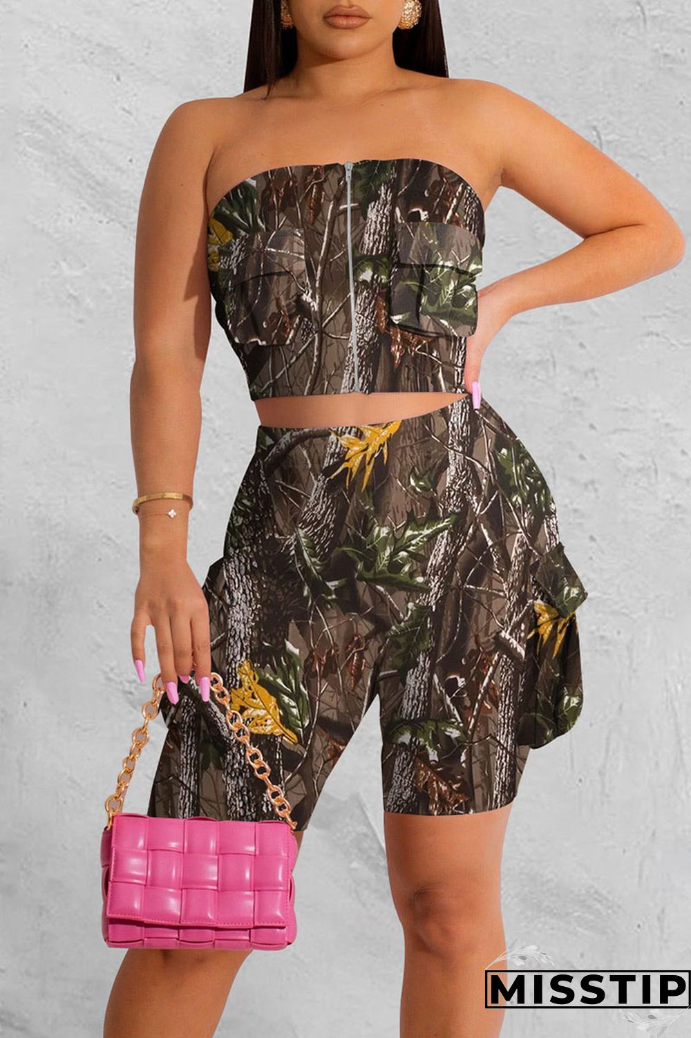 Dark Khaki Street Patchwork Pocket Zipper Strapless Sleeveless Two Pieces