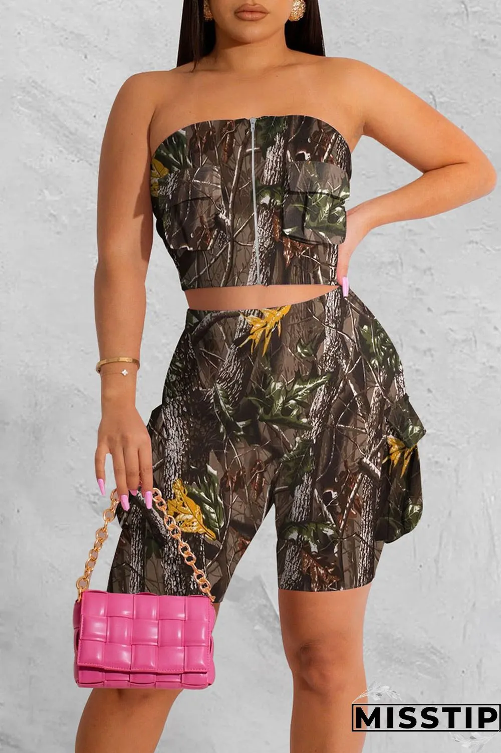 Dark Khaki Street Patchwork Pocket Zipper Strapless Sleeveless Two Pieces