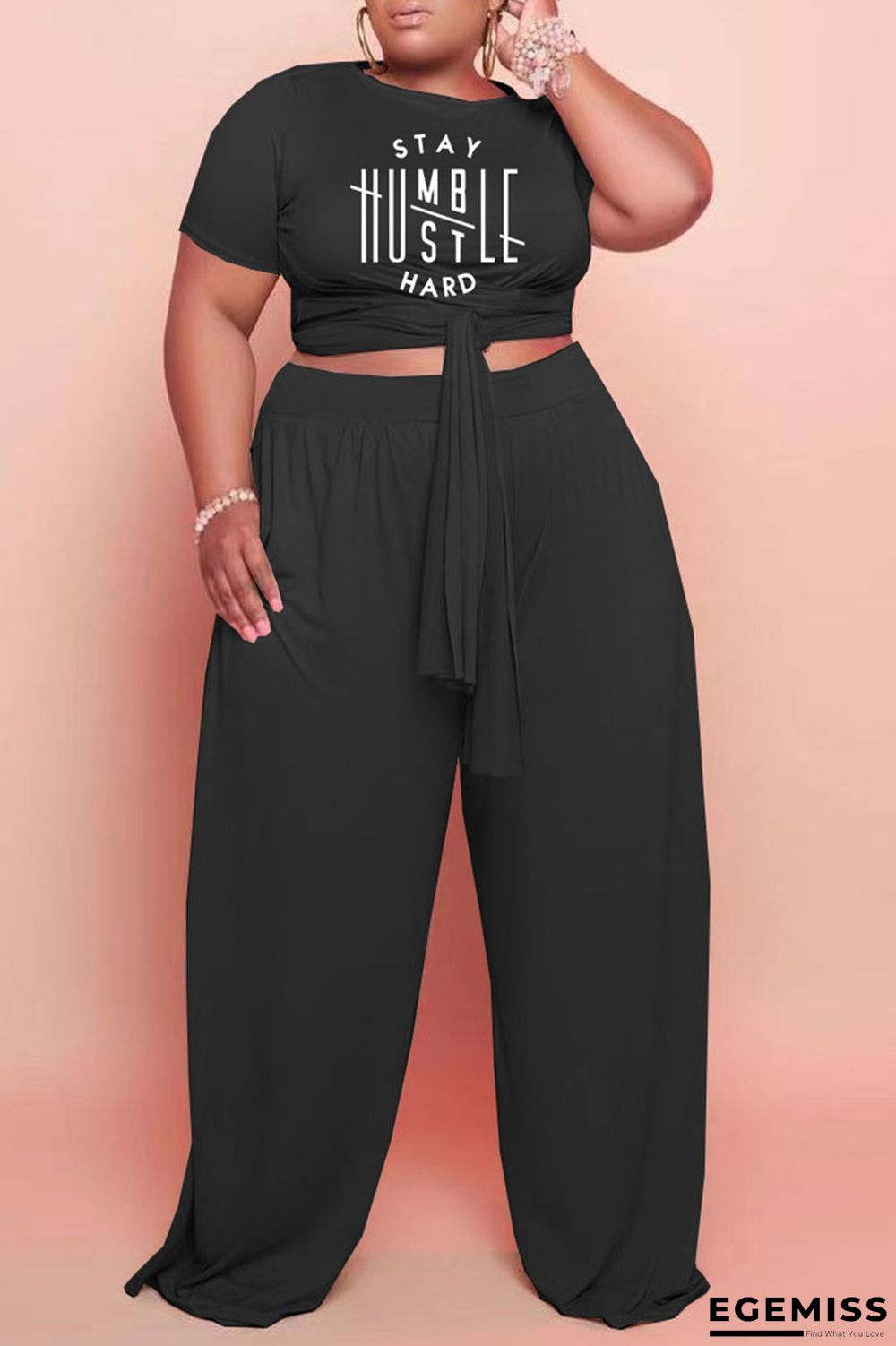 Black Casual Letter Print Bandage Patchwork O Neck Plus Size Two Pieces | EGEMISS