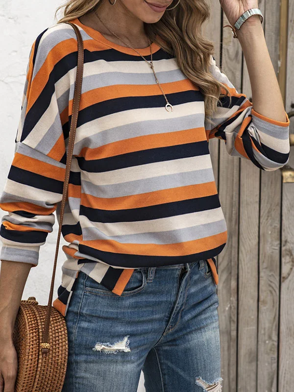 Long Sleeves Loose Split-Side Striped Round-Neck Sweatshirt Tops