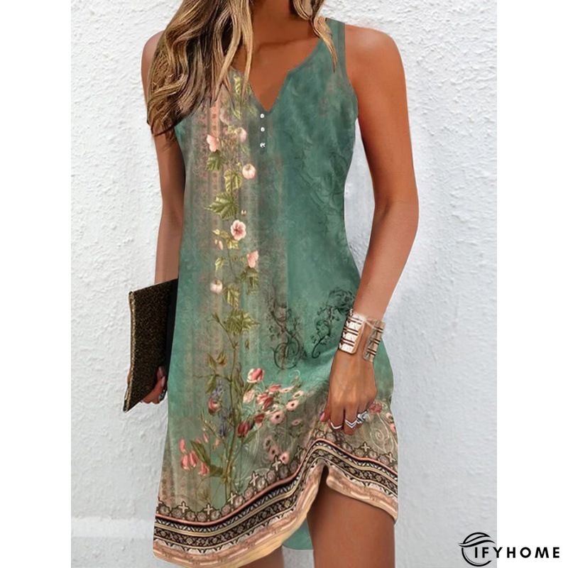 Cotton Blends Casual V Neck Short Sleeve Woven Dress | IFYHOME