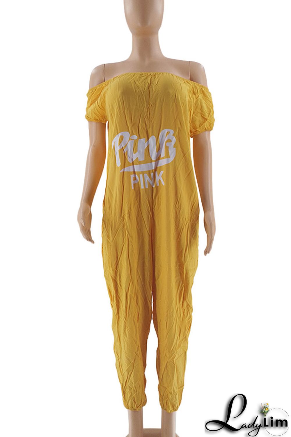 Yellow Casual Print Patchwork Off the Shoulder Loose Jumpsuits