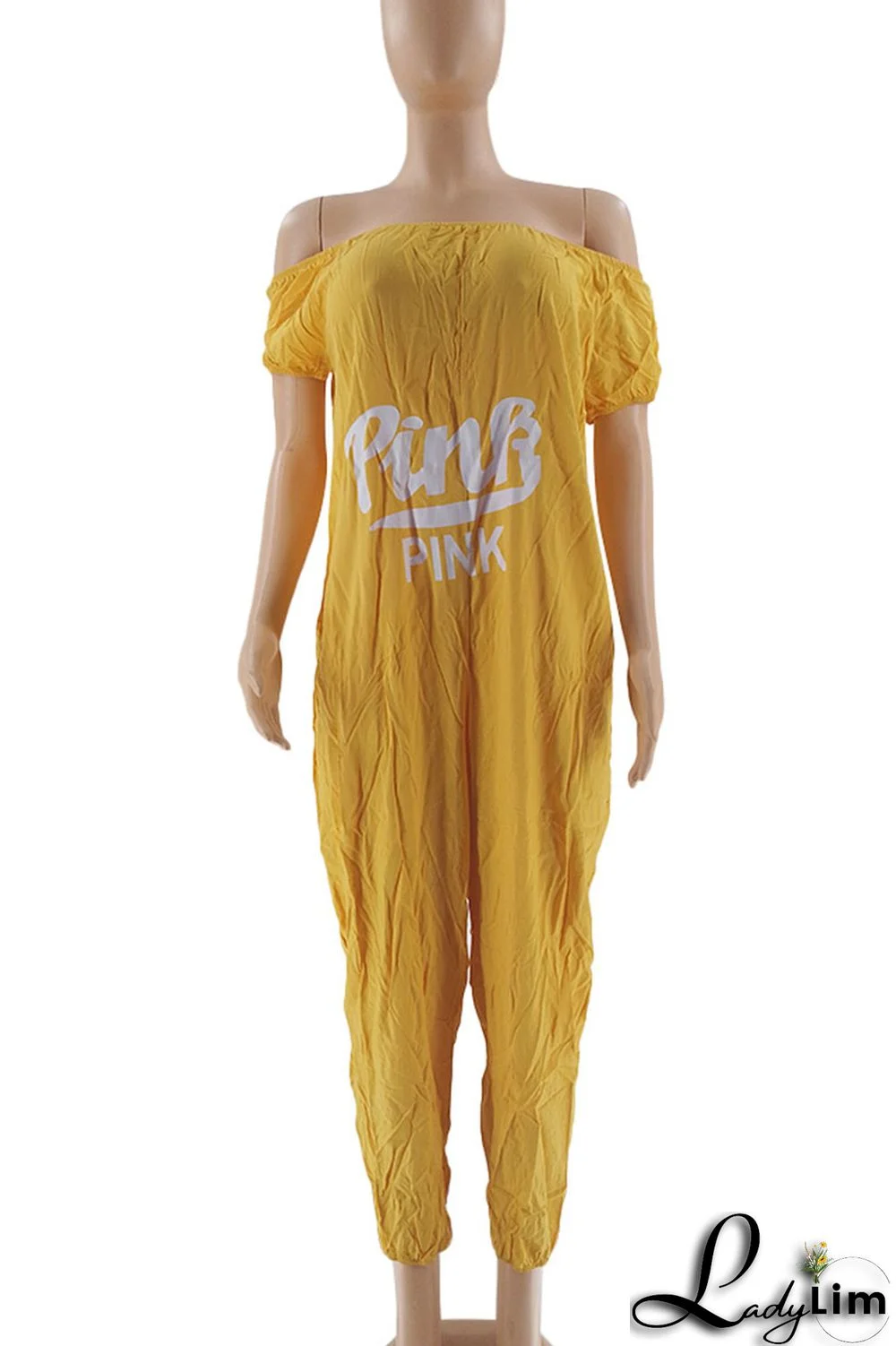 Yellow Casual Print Patchwork Off the Shoulder Loose Jumpsuits