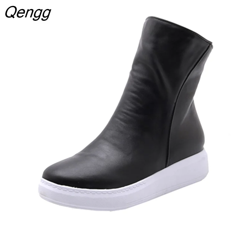 Qengg Spring Autumn Platform Boots Women Ankle Boots Casual Flat Short Boots Casual Shoes Sneakers Black White Red
