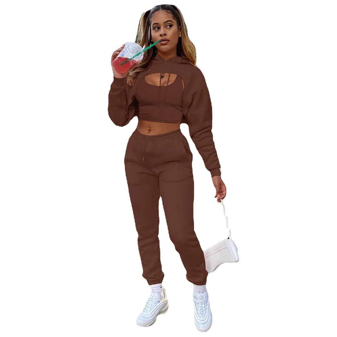 Womens Fashion Fleece Drawstring Solid Hoodies Long sleeve Pant Tank Top Three Piece