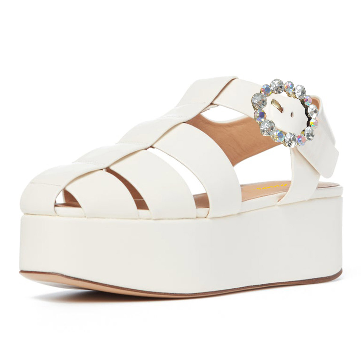White Caged Rhinestone Buckle Square Toe Platform Wedge Heel Sandals Nicepairs