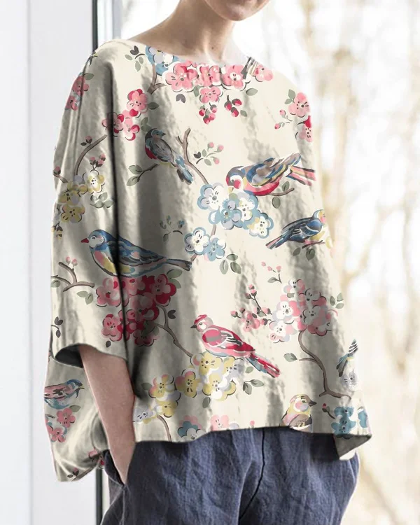 Vintage Floral and Bird Print Round Neck Cotton and Linen Loose Top
