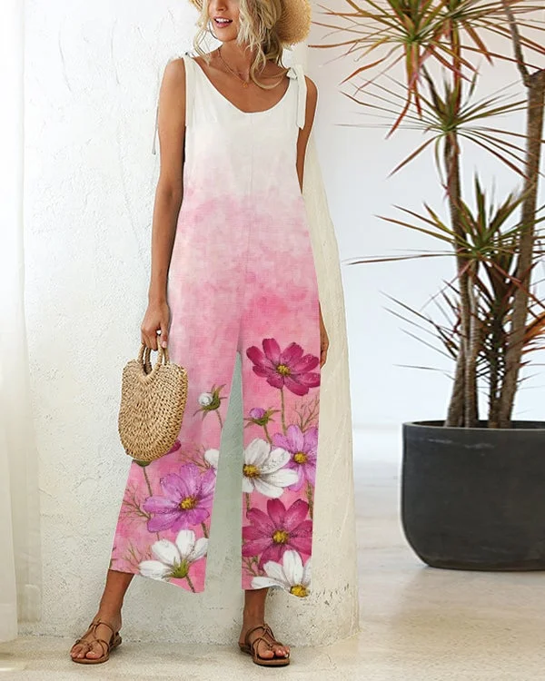 Casual Loose Lace-up Straight-leg Printed Jumpsuit