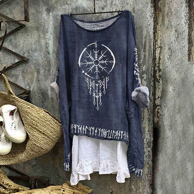Tribal Viking Totem Tie-Dye Printed Linen Blouse wearshes