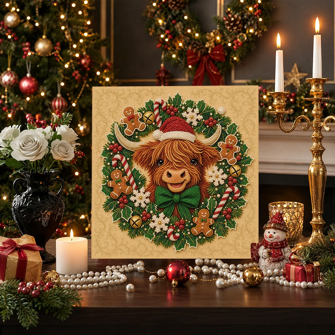 Framed Pearl Painting Kit Scottish Scotland Celtic Cow Christmas Wreath 7.87x7.87in