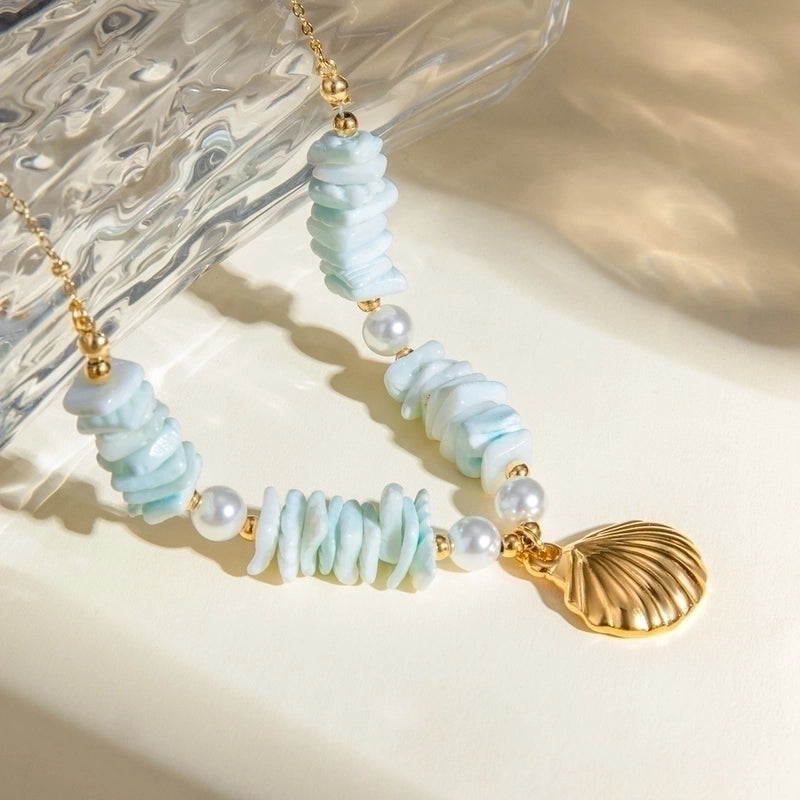 Vacation Marine Style Starfish Shell 304 Stainless Steel 18K Gold Plated Beaded Pendant Necklace