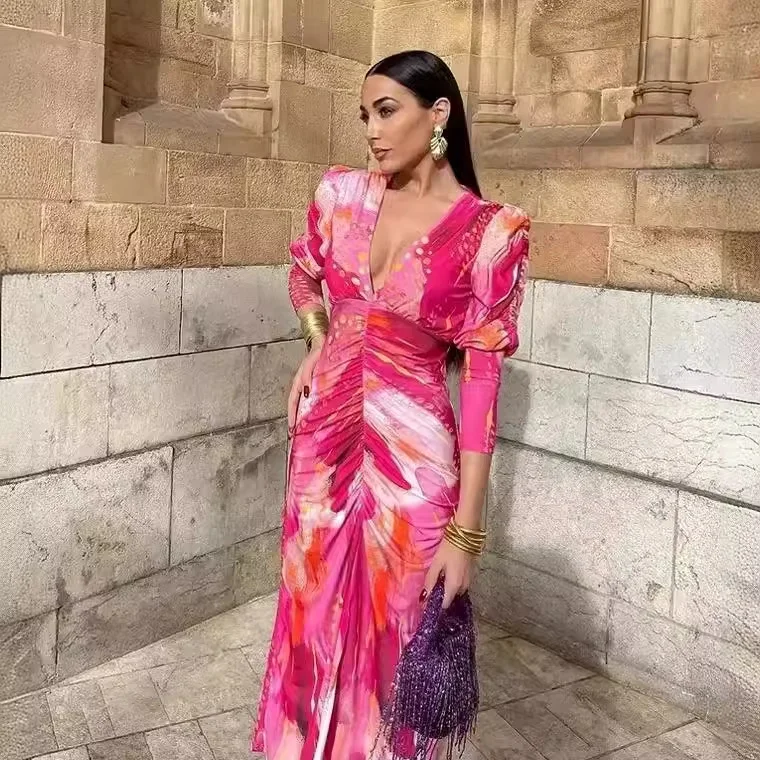 Nigikala Nigikala Women's Explosive Folded Print Long-Sleeved Dress With Thin Fashion Temperament