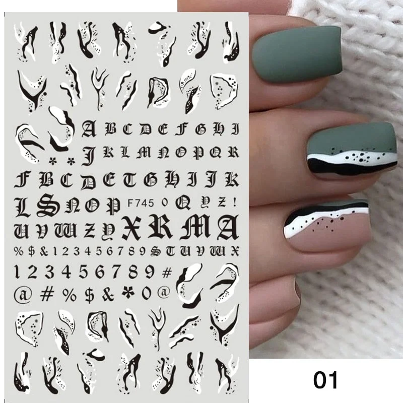 1PC Abstract Geometrics 3D Nail Sticker Cool Letters Pattern Leaves Flower Transfer Decals Slider For Nails Decoration Manicures