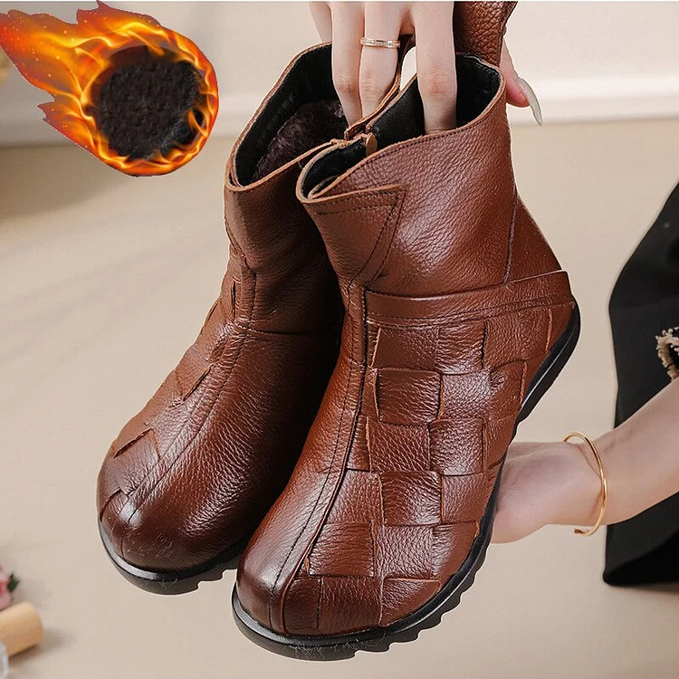 Genuine Leather Woven Ankle Boots Women's Winter Fur Shoes Big Size Plush Booties QueenFunky