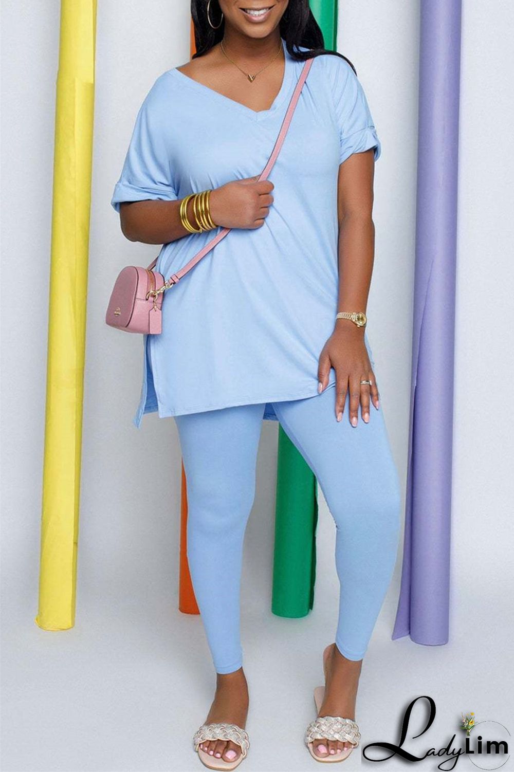 Milky Fashion Casual Solid Slit V Neck Short Sleeve Two Pieces