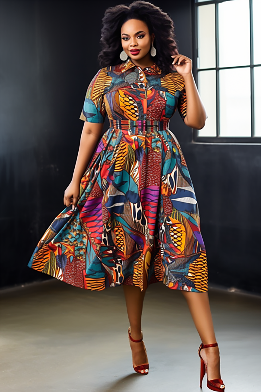 Design Plus Size Casual Multicolor Ankara Shirt Collar Short Sleeve Knitted Midi Dresses [Pre-Order]