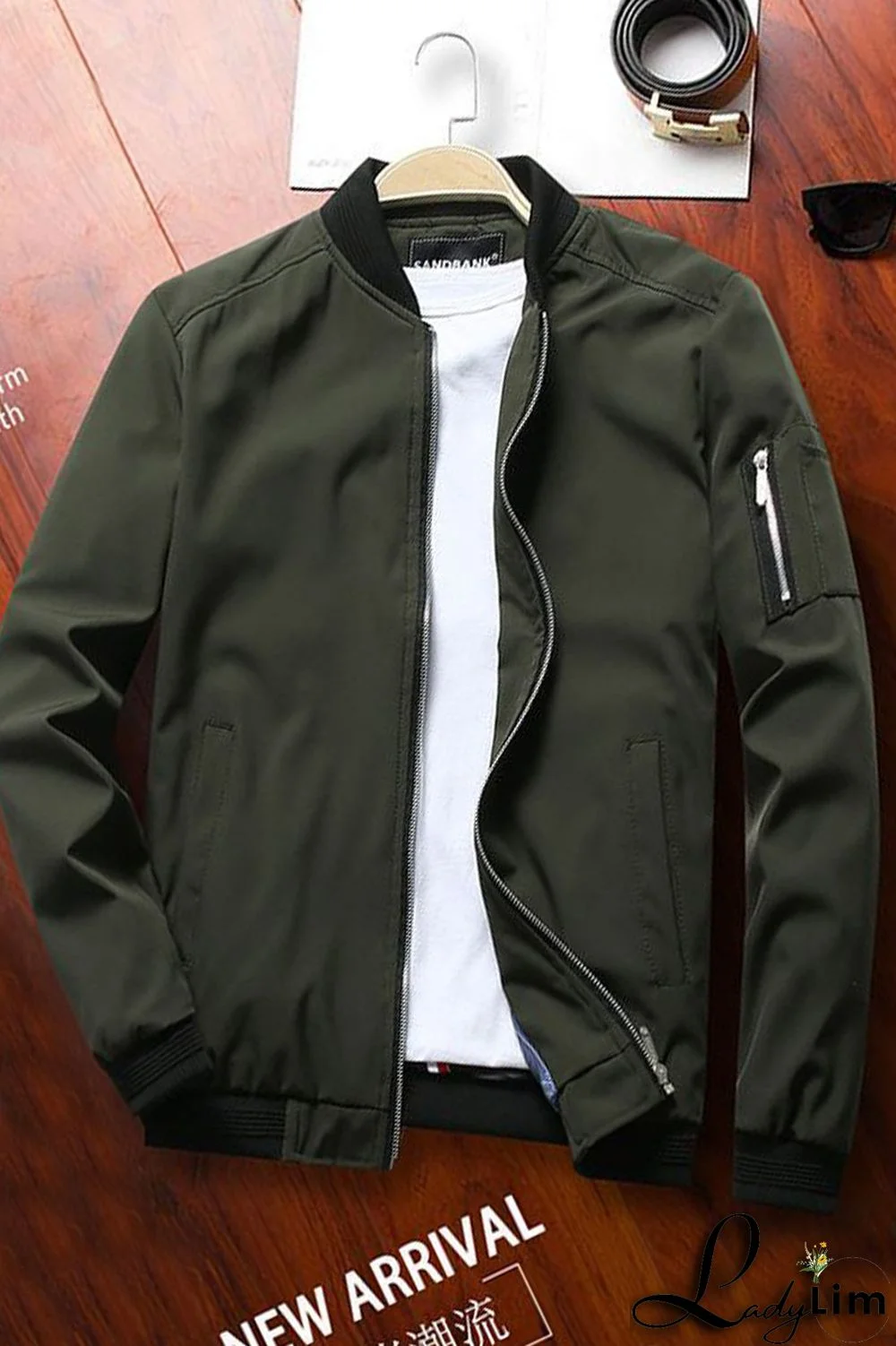 Army Green Casual Solid Split Joint Zipper Mandarin Collar Outerwear