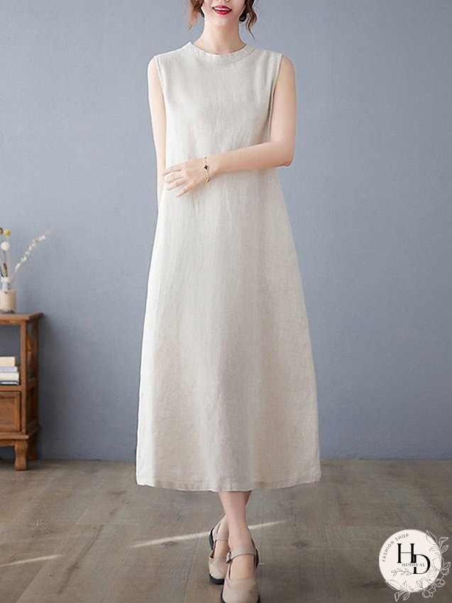 Cotton Linen Dress Casual Dress Midi Dress Linen Cotton Blend Basic Modern Outdoor Daily Vacation Stand Collar Pocket Sleeveless Summer Spring Loose Fit Navy Blue Apricot Plain M L XL 2XL for Women
