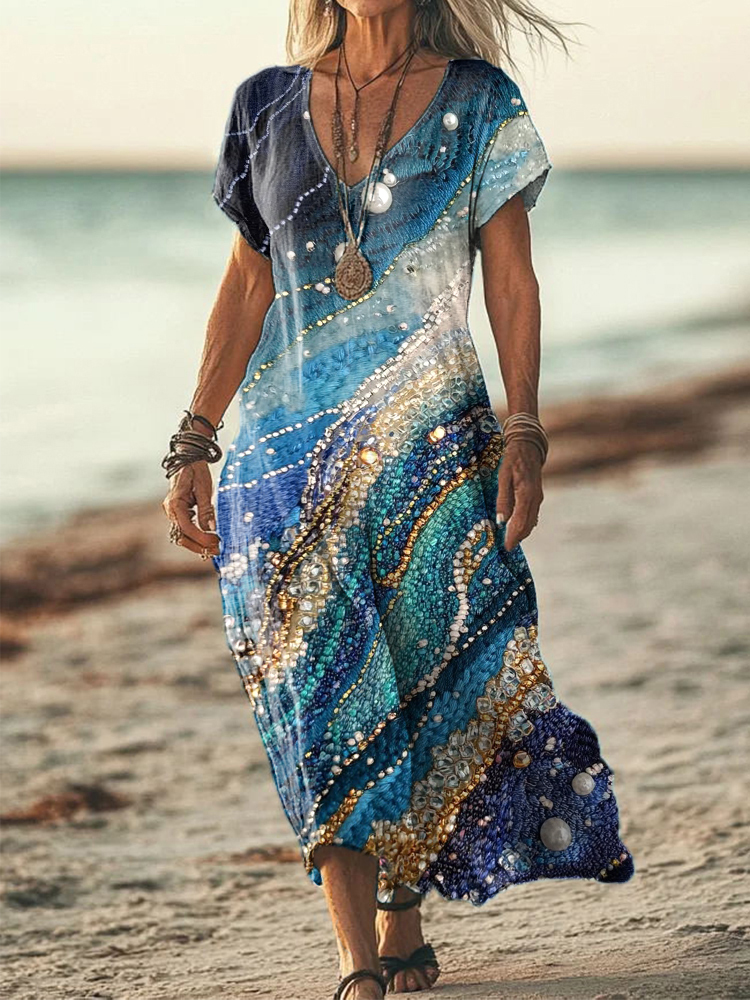 Comstylish Women's Ocean Inspired Beaded Embroidered Linen Blend Dress