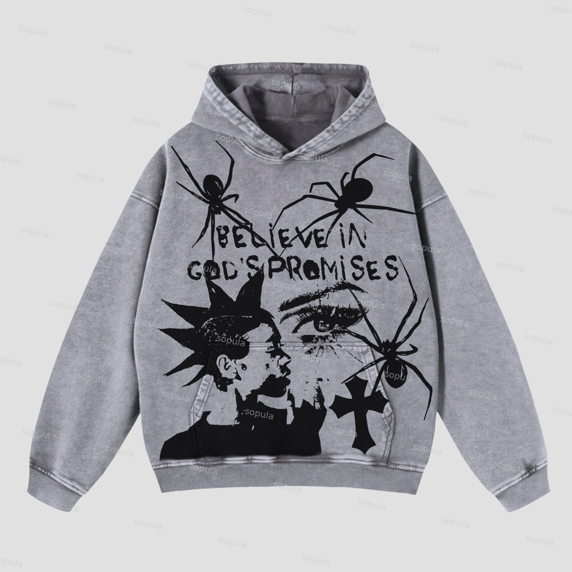 Sopula Spider Religion Vintage Character Portrait Graphics Hooded Sweatshirt