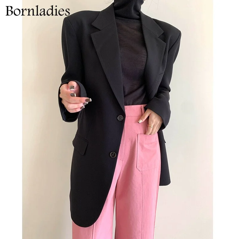 Bornladies 2021 Korean Style Loose Women Blazer Coats Autumn Single Breasted Female Chic Suit Jacket Full Sleeve Outwear