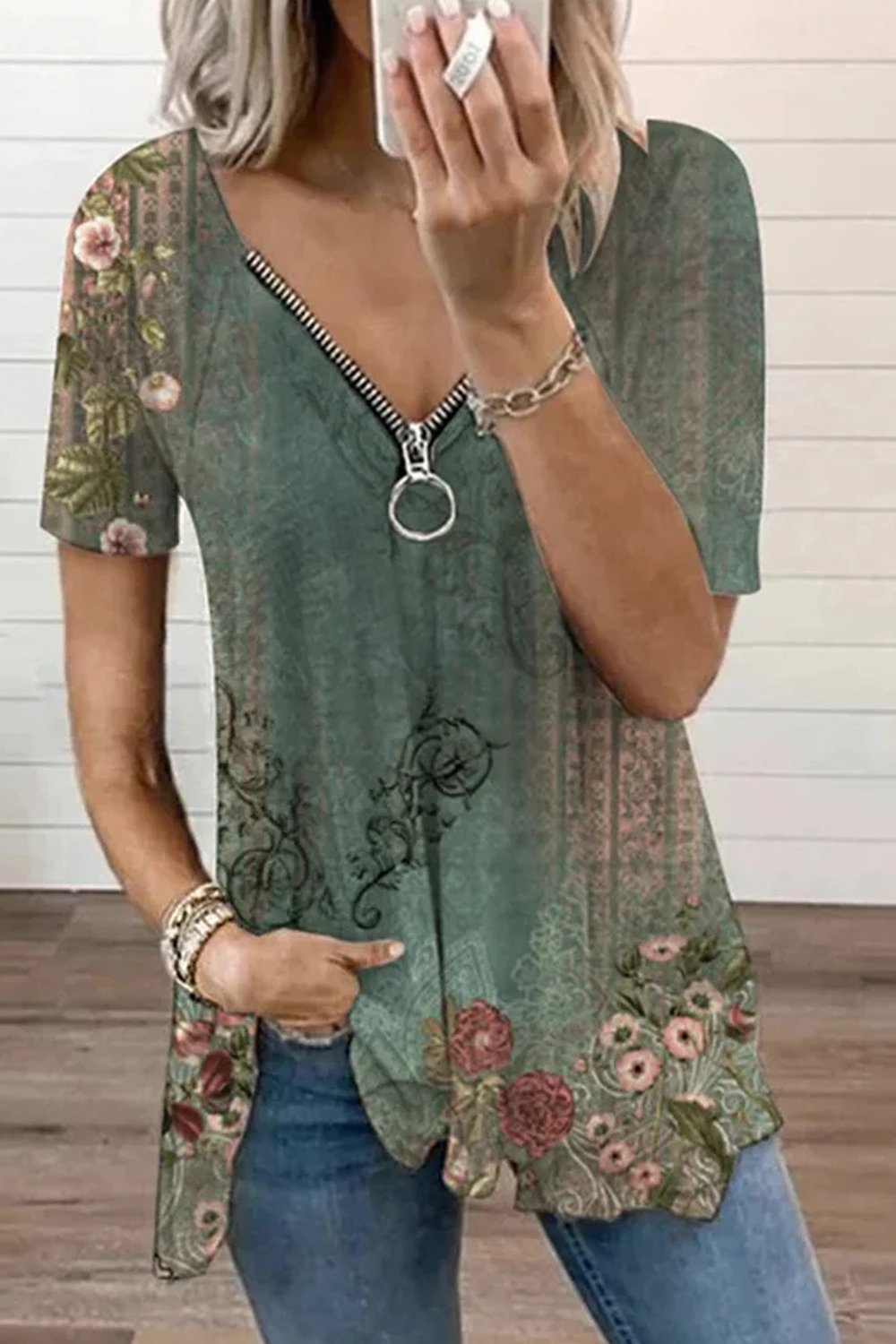 Flycurvy Plus Size Casual Green Boho Retro Tribal Floral Print Zipper Blouse