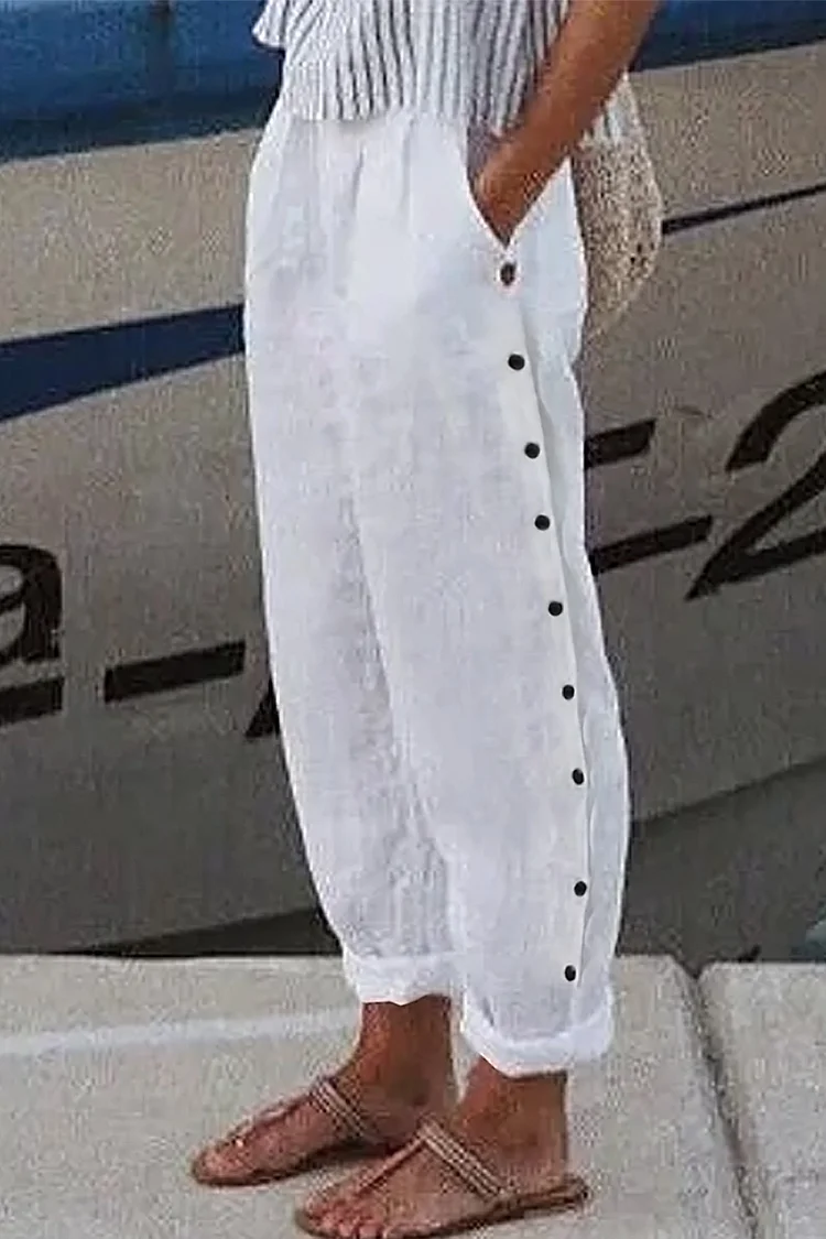 Flycurvy Plus Size Casual White Linen Pocket Decorative Button Pants  Flycurvy [product_label]
