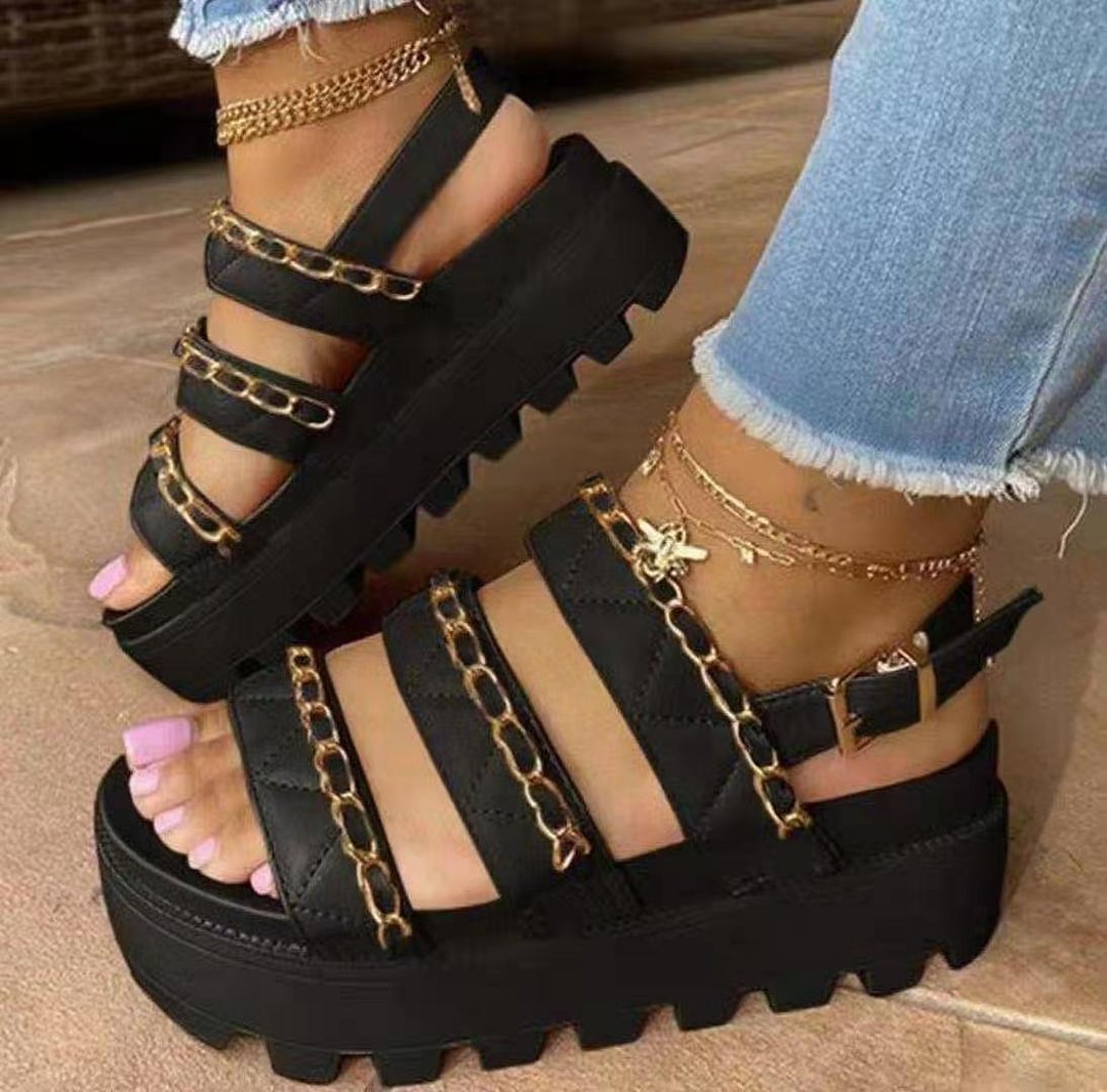 Luxury Trendy Women Sandals Thick Platform Wedges Sandals Heel Pu Leather Metal  Height Increasing Beach Casual  Sandalias Mujer