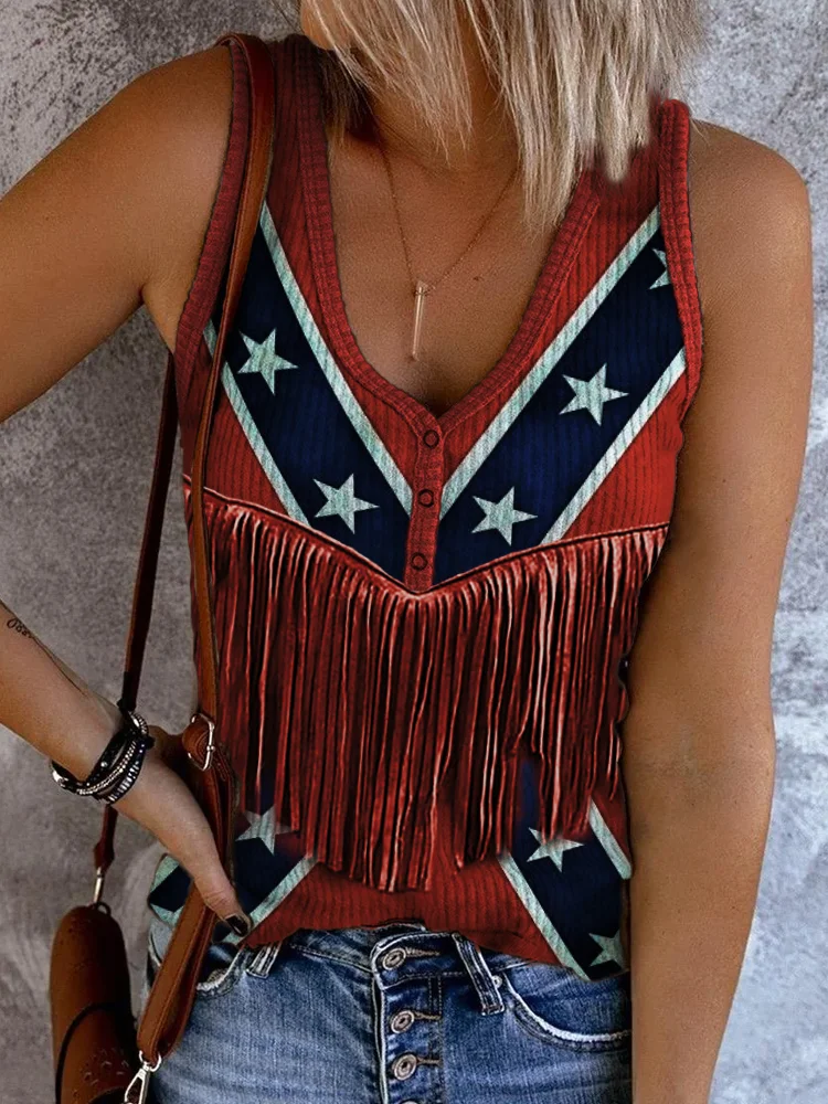 Comstylish Southern Rebel Flag Tassels Button Up Tank Top