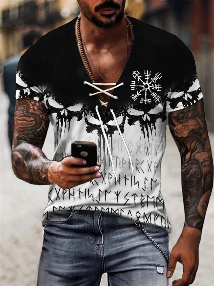 Broswear Men's Viking Vegvisir & Runes Skulls Contrast Lace Up T Shirt