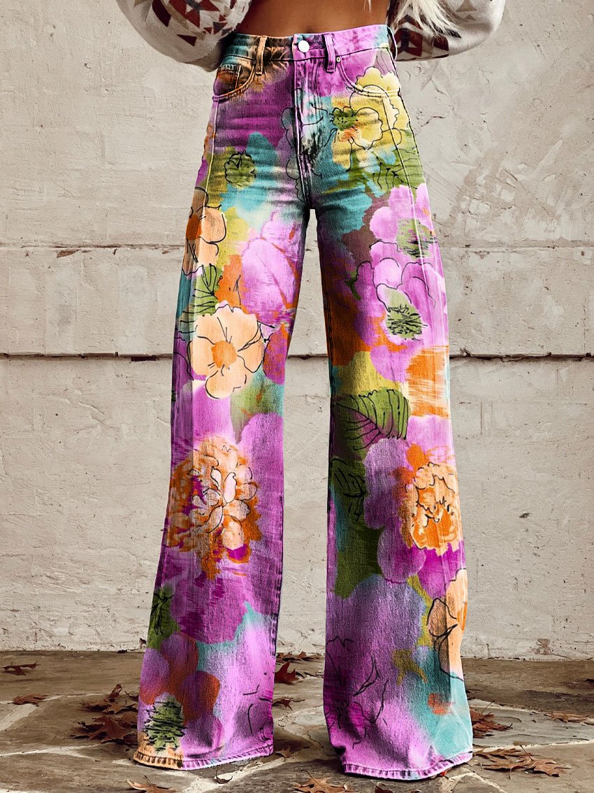 Women's Vintage Art Print Casual Wide Leg Pants