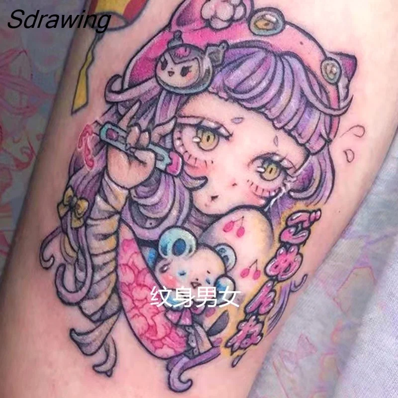 Sdrawing Temporary Tattoo Sticker Anime Cartoon Cute Pink Hair Girl Flower Necklace Fake Tatto Flash Tatoo Art for Women Men