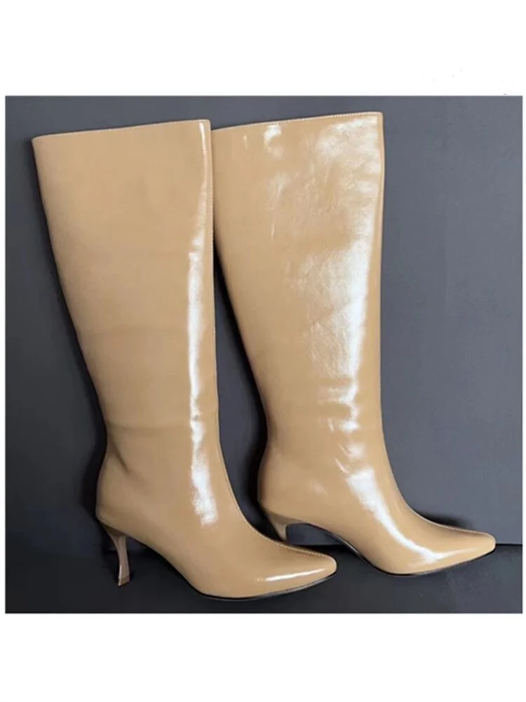 Yyvonne Women's Autumn and Winter New Leather Fashion Knee-length Boots with Thin Heels and Pointed Fashion Boots Women Boots