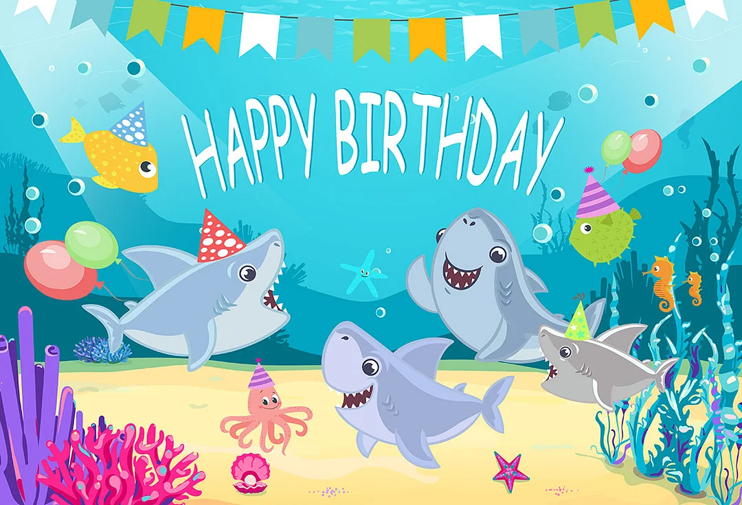 Happy Birthday Cartoon Shark Family Party Backdrop RedBirdParty