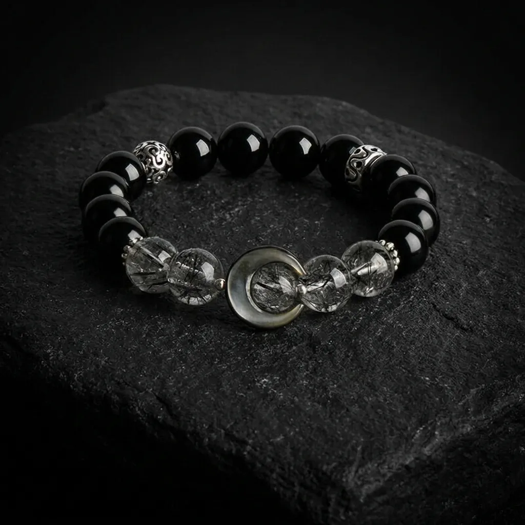 Celestial Harmony: Black Rutilated Quartz & Clear Crystal Bracelet Eclipse Noir [Men's Edition]