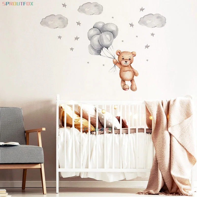Lovely Bear with Ballon Bedroom Wall Stickers for Kids Rooms Girls Nursery Decoration Cloud Stars Viny Mural Stickers
