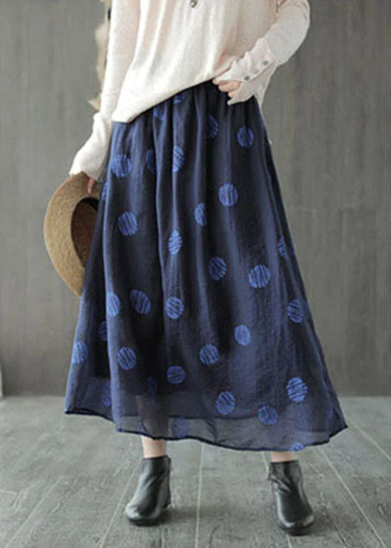 Boho dark Blue elastic waist dot print Linen Skirts Spring
